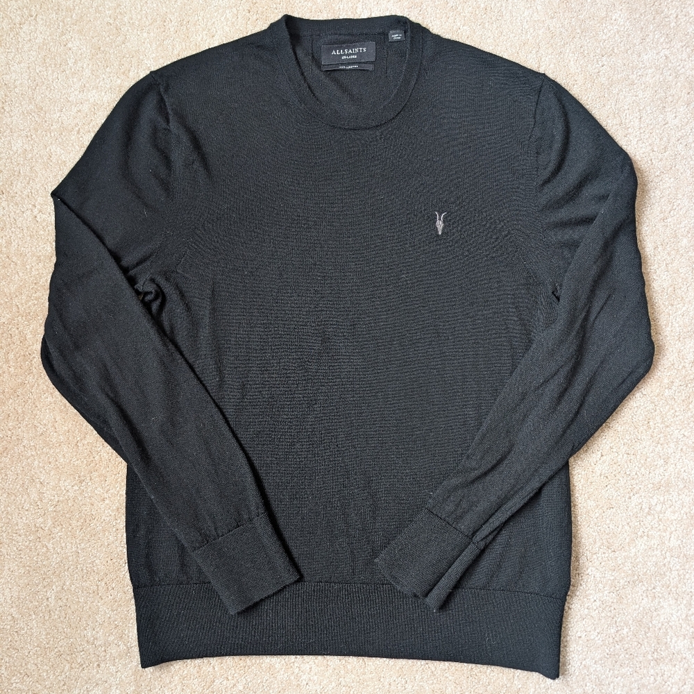 All Saints Black 100% Merino Wool V-neck Long Sleeve Pullover Knit Sweater